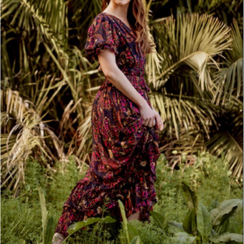 Farm Rio Butterfly Sky Maxi Dress Small Tiered  100% viscose
